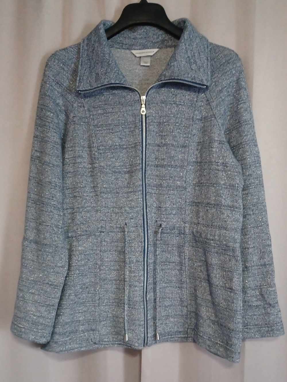 Christopher&Banks Heathered Blue Gray Zip Front Drawstring Waist Jacket Sz L